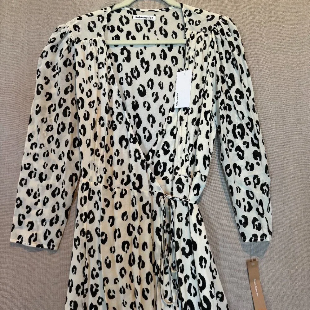 Reformation Melba Wrap Dress NWT Snow Leopard XL Long Sleeve Midi Quiet Luxury